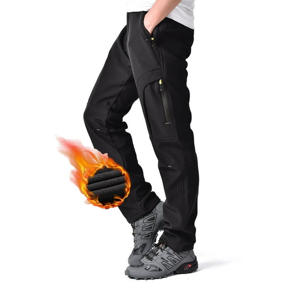 POENTAB Men's Hiking Snow Pants Winter Fleece Lined Insulated Softshell Waterproof Ski Hunting Pant Black 40