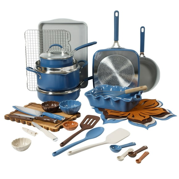 The Pioneer Woman Sutton 34-Piece Ceramic Nonstick Cookware and Bakeware Set, Blue