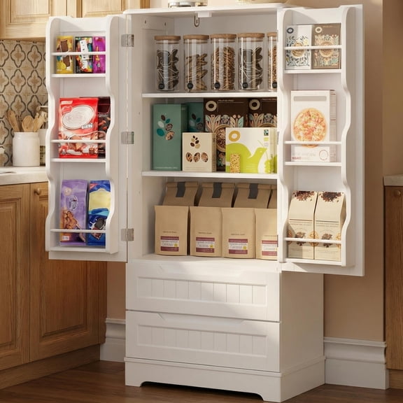 Pantry Cabinet, Lofka 47" Kitchen Pantry Storage Cabinet - 2 Shelves, 2 Drawers & 6 Side Door Shelves - Durable, Magnetic Closure