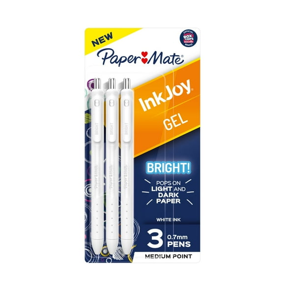 Paper Mate InkJoy Bright Pens, Gel Pens, Medium Point (0.7mm), Retractable, Bright White Ink, 3 Ct