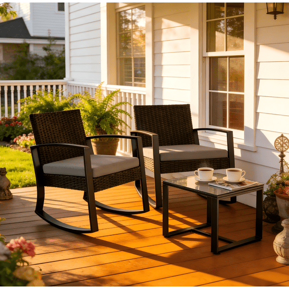 Lofka 3 Piece Patio Furniture Set, All Weather Wicker Outdoor Rocking Chair Set with Thick Soft Cushions and Tempered Glass Coffee Table, Outdoor Seating Set for Backyard Balcony Porch Garden, Gray