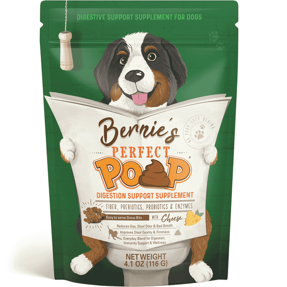 Bernie's Perfect Poop Ultimate Digestive Health Supplement for Dogs. Prebiotics, Probiotics, Fiber & Enzymes. Improve Gas, Stool Quality, Breath, Health & Immunity, Cheddar Cheese Flavor, 4.1 oz