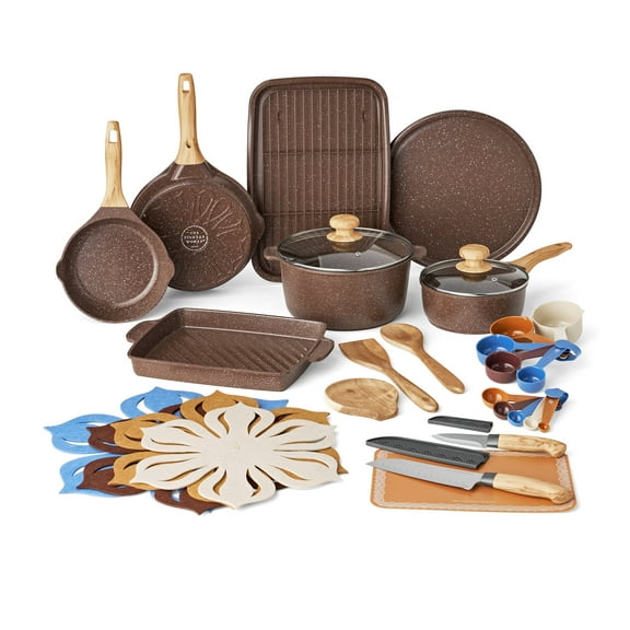 The Pioneer Woman 32-Piece Nonstick Cast Aluminum Cookware and Kitchen Utensil Set, Brown
