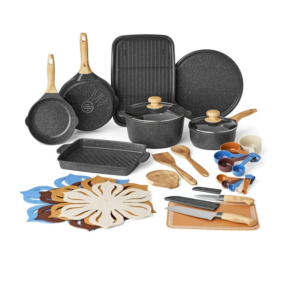 The Pioneer Woman 32-Piece Nonstick Cast Aluminum Cookware and Kitchen Utensil Set, Charcoal
