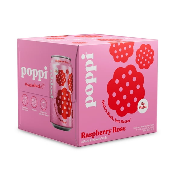 poppi Raspberry Rose Prebiotic Soda, 12 oz, 4 Pack Cans