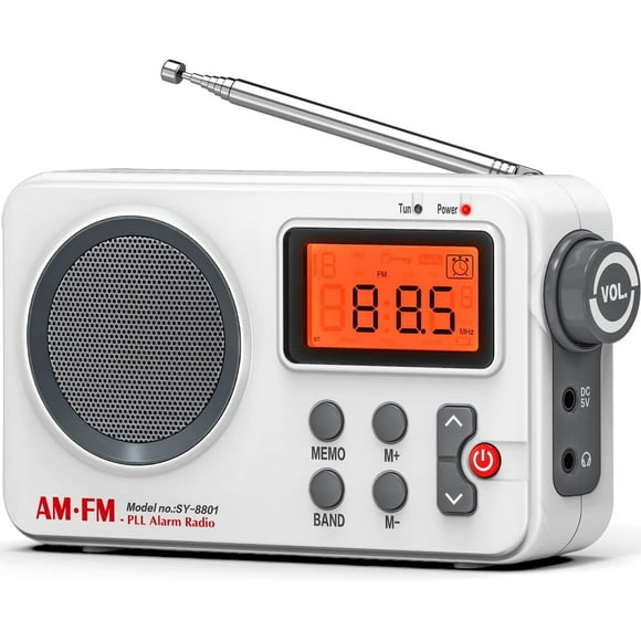 Portable Am Fm Radio, Compact Personal Radio, Transistor Radio with Loud Speaker, Digital Time Display, Battery Operated or DC USB, Clear Dial, Headphone Jack, Perfect for Indoor, Outdoor Use- White