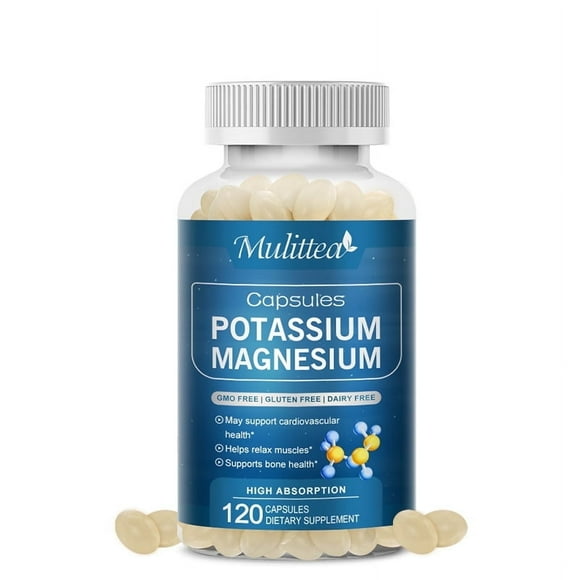 Potassium Magnesium Supplement,Support Bone, Heart & Nerve Health, Non-GMO, Vegan, 120 Capsules