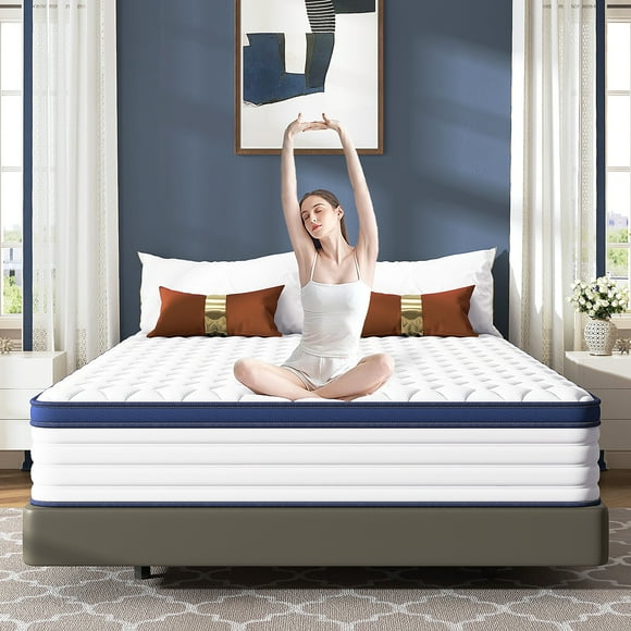 Queen Mattress, UHOMEPRO 12" Hybrid Gel Memory Foam Mattress in a Box, Individually Wrapped Pocket Coils, Cool Queen Size Mattress with Zoned Pressure Relief and Edge Support, Medium Firm, Blue