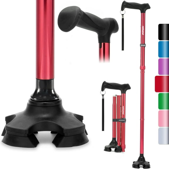 REHAND Self Standing Pivot Walking Cane for Men & Women - Foldable,Adjustable,Lightweight,Soft Handle Grip with Travel Bag, Walking Sticks for Seniors & Adults,Red