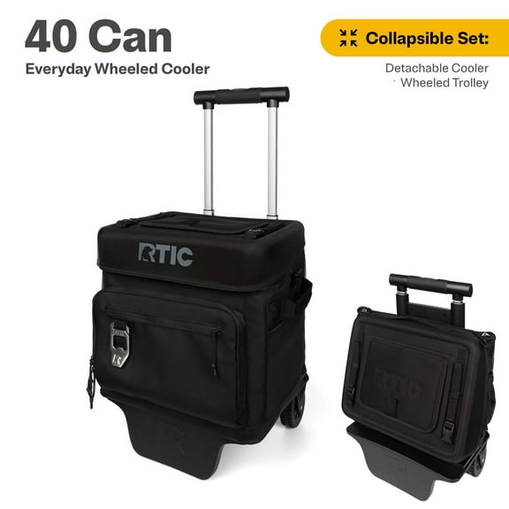 RTIC Everyday Wheeled Cooler, 40 Can Cooler, Collapsible Wheeled Trolley, Black