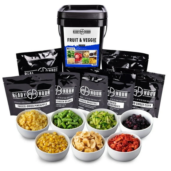 Ready Hour Fruit & Veggie Mix, Real Non-Perishable Freeze-Dried Food, 30-Year Shelf Life, Portable Emergency and Adventure Food Supply, Durable Flood Safe Container, 56 Servings