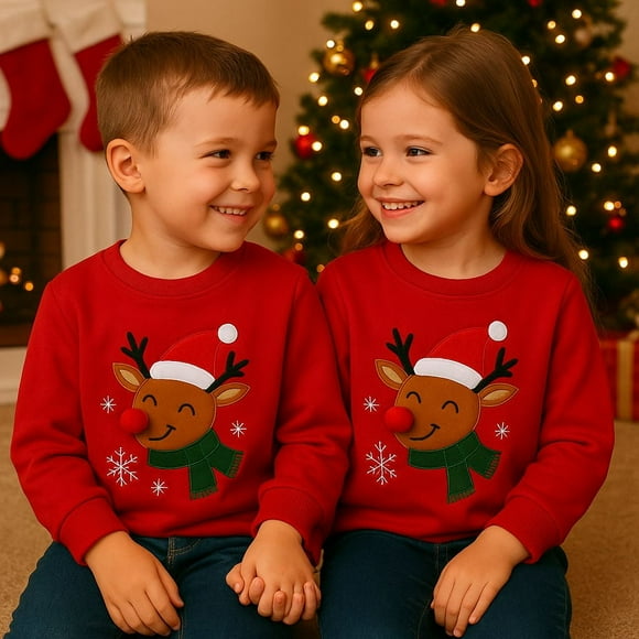 HILEELANG Kids Christmas Sweatshirt, Cotton Pullover Top with Reindeer Appliqué, Unisex Holiday Long Sleeve Shirt for Toddler Boys Girls 3T