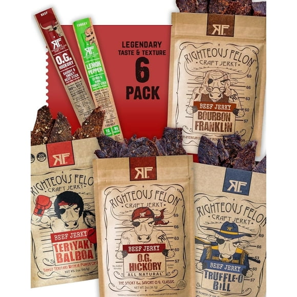 Righteous Felon Beef Jerky & Meat Sticks Variety Pack | Gluten Free Snack for Adults | High Protein, Keto, Low Sugar | Made with Premium Meats | Gifts for Men | Spicy Jerky 6 pack | Stocking Stuffers