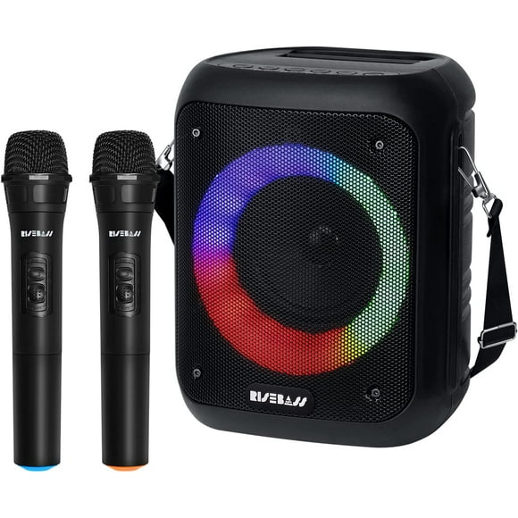 Risebass Portable Karaoke Machine with 2 Wireless Microphones - Bluetooth Rechargeable Speaker with USB/SD/TF Card Support, AUX-in, Voice Record, Tripod Screw Mount and Phone Slot