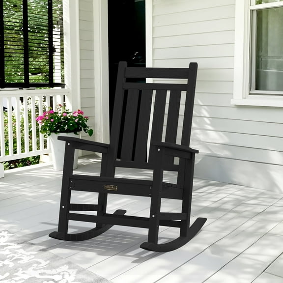 SERWALL Outdoor Rocking Chair, HDPE Patio Rocker for Lawn, Porch, Black