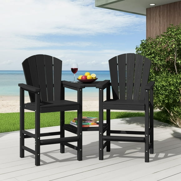 SERWALL Tall Adirondack Chairs Set of 2 with Double Layer Connecting Tray, HDPE Bar Height Outdoor Chairs, for Patio, Balcony, Porch, Pool, Black