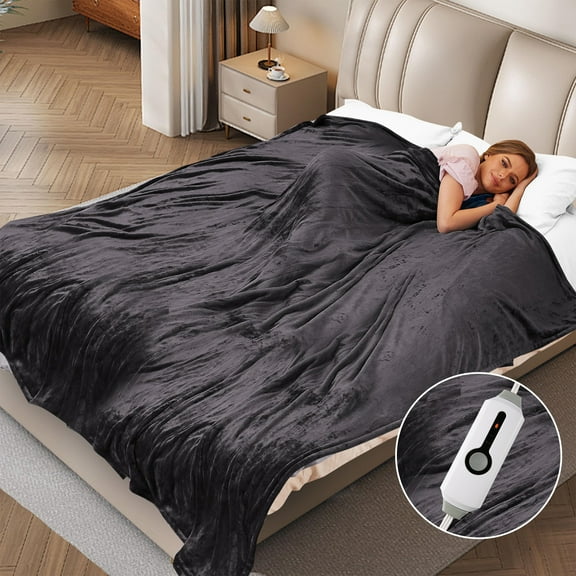 SUNNY HEAT Electric Heated Blanket Full Size 72" x 84" Soft Flannel with 4 Levels Heating & 10Hs Auto off, Machine Washable, Dark Gray