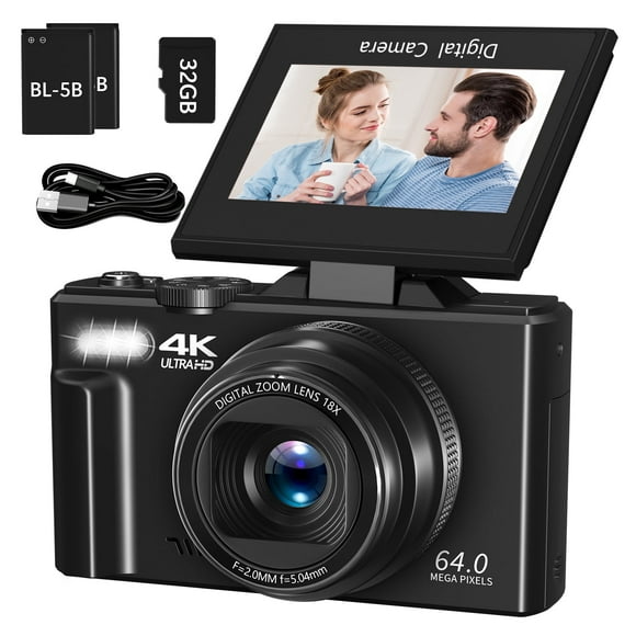 Saneen Digital Camera 4K 64MP Vlogging Camera for YouTube 3''180Flip Screen 18X Zoom Autofocus 32GB SD Card Video Cameras for Beginners