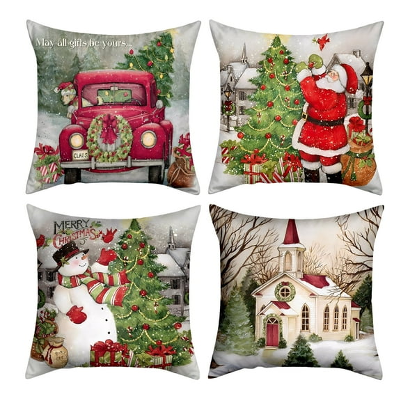 Sanmadrola 4 Pack Christmas Throw Pillow Covers 18''x18'' Velvet Christmas Decor Scenery Throw Pillow Covers for Christmas Sofa Couch Home Decoration Set of 4