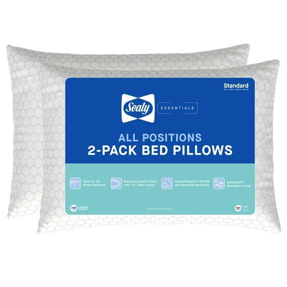 Sealy Essentials All Positions Bed Pillow, Standard- Hexagon Pattern, Firm, Back, Stomach, and Side Sleeper (2 Count)