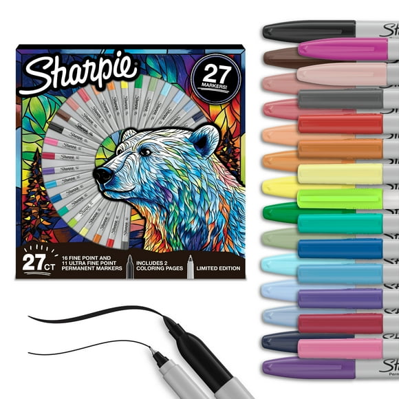 Sharpie Permanent Markers, Fine and Utra-Fine Point Markers Variety Pack, Assorted Colors, Includes 2 Coloring Pages, 27 Count