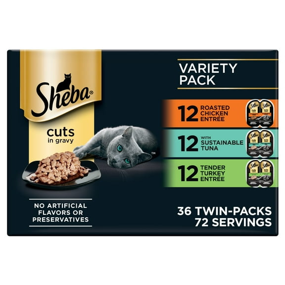 Sheba Perfect Portions Variety Pack Cuts in Gravy Cat Food, 2.6 oz Twin-Pack Trays (36 Count)