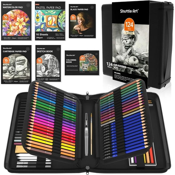 Shuttle Art 124 PCS Drawing Kit, Professional Drawing Supplies with Sketch, Charcoal, Colored, Graphite, Pastel Pencils & Sticks, Complete Drawing Tools and Paper Pads in Zipper Case
