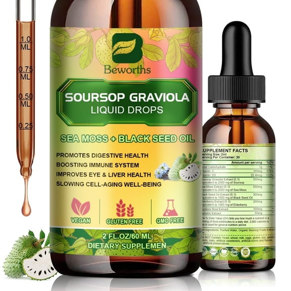 Soursop Graviola Liquid Drop,With Balckseed oil, for Cell Support & Regeneration, Immune Boost, Relax, Liver and Sleep, Guanabana Drop 2 Fl Oz