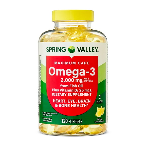 Spring Valley Maximum Care Omega-3 from Fish Oil Dietary Supplement Softgels for Eye Brain Bone & Heart Health, 2000 mg, 120 Count