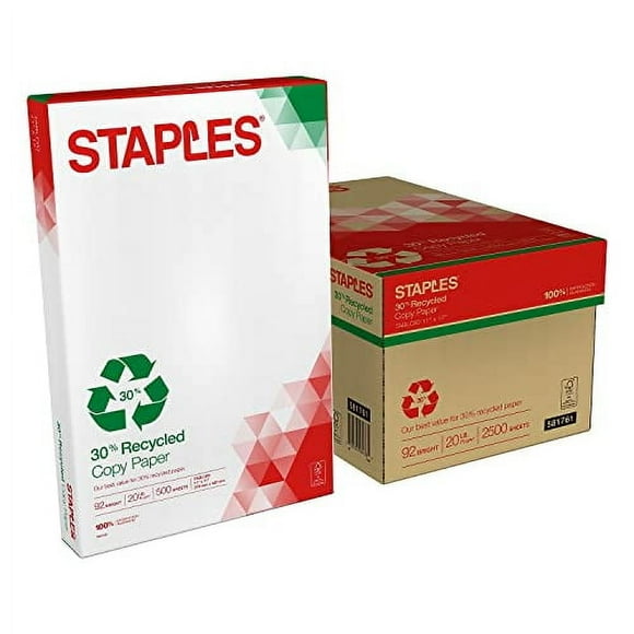 Staples 581761 30% Recycled 11-Inch x 17-Inch Copy Paper 20 lbs 92 Brightness 500/RM 5 RM/CT