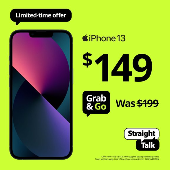 Straight Talk Apple iPhone 13, 128GB, Midnight - Prepaid Smartphone [Locked to Straight Talk]