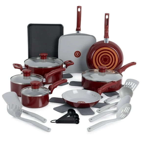 T-fal Kitchen Solutions Ceramic, 22 Piece Cookware Set, Red