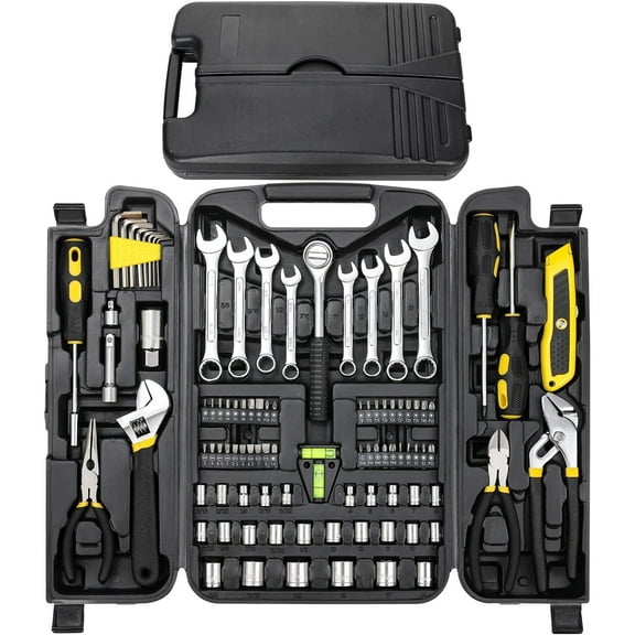 TLGREEN 95-Piece Mechanics  Tool Set, Car Tool Kit with Adjustable Wrench, Pliers, Sockets & Bits  (Yellow)