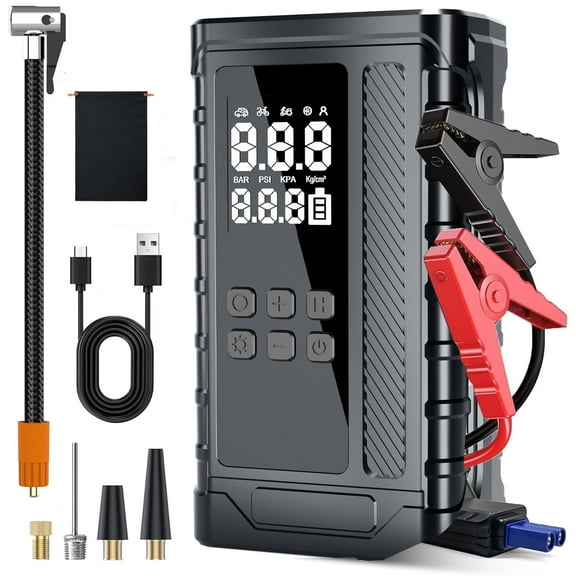 TRAKAR Jump Starter with Air Compressor,5000A Peak Car Battery Jump Starter(9.0 Gas/8.0L Diesel) 150PSI 14.8V Jump Box Car Battery Jumper Starter Portable with Jumper Cables,Power Bank,LCD Display