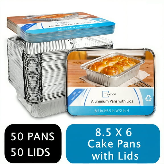 Treamon Aluminum Pans with Lids, Disposable Tin Foil Pans 8.5" x 6" 50 Count
