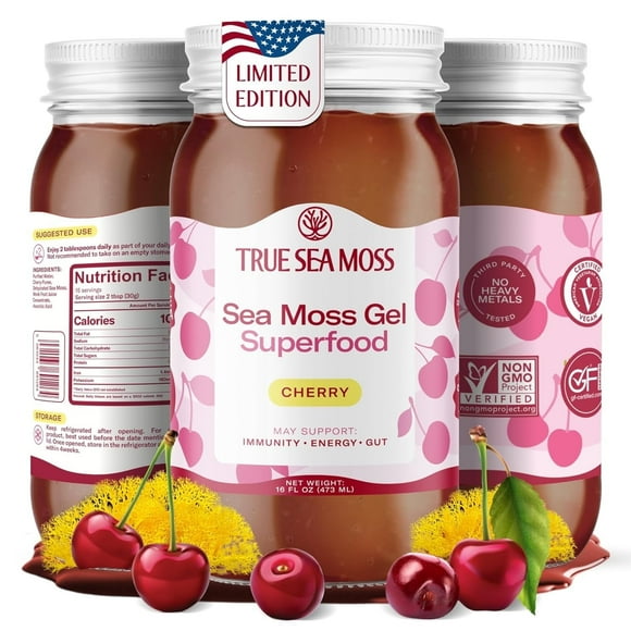 TrueSeaMoss Wildcrafted Irish Sea Moss Gel Superfood - Cherry, Pack of 1 Organic Seamoss - Made in USA