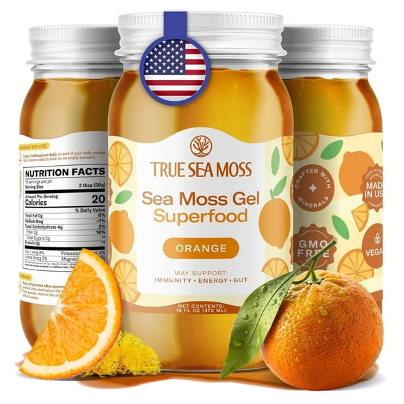 TrueSeaMoss Wildcrafted Irish Sea Moss Gel Superfood - Orange, Pack of 1 Organic Seamoss - Made in USA