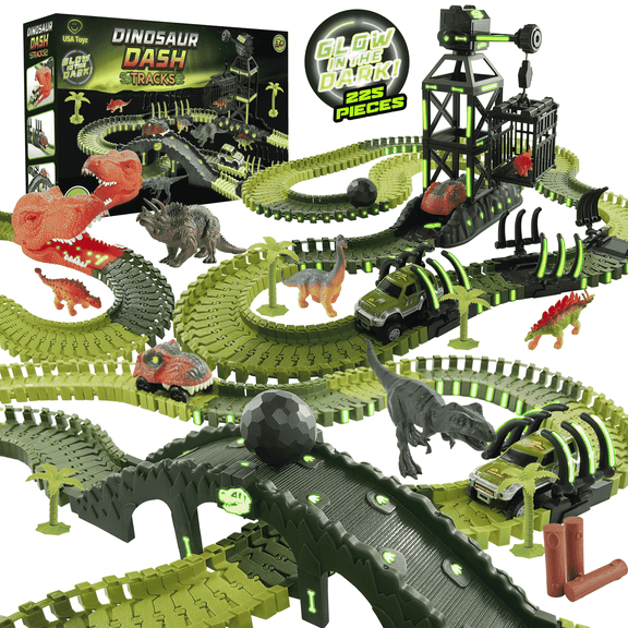 USA Toyz Dinosaur Dash Track 6 Dinosaurs LED Dino Car STEM Set Toy 225 Piece Tracks for Kids Ages 3+