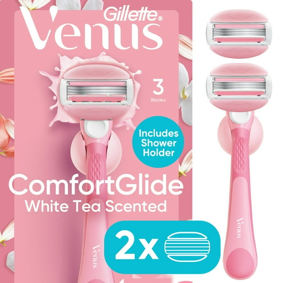 Venus ComfortGlide White Tea Razor for Women, 3 blades, Manual Razor, Handle and 2 Blade Refills, Pink