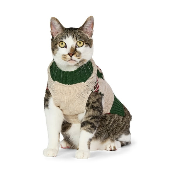Vibrant Life Holiday Truck Hooded Dog & Cat Sweater, Beige & Green, Extra Small
