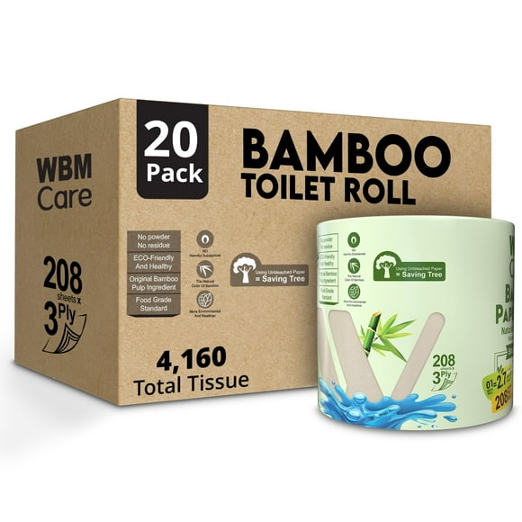 WBM Bamboo Toilet Paper, 3-Ply, Tree-Free, 20 Rolls, 4160 Sheets