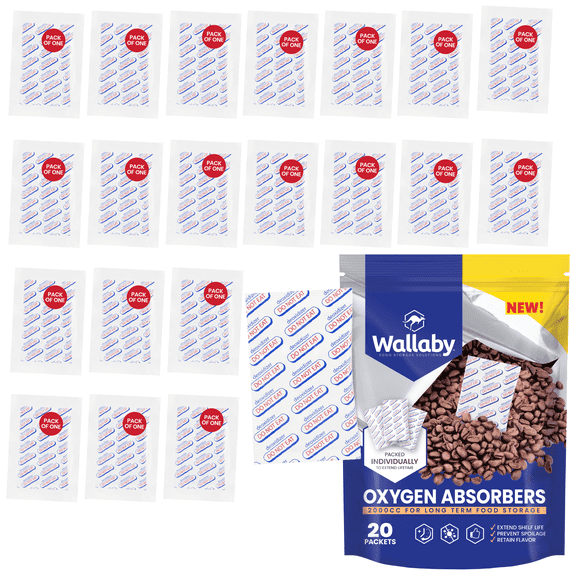 20 Wallaby 2000cc Oxygen Absorbers - Individually Vacuum Sealed - Food Safe for Long-Term Food Prepping & Storage in Mylar Bags, Canning, Harvest Right Freeze Dried & Dehydrated Foods