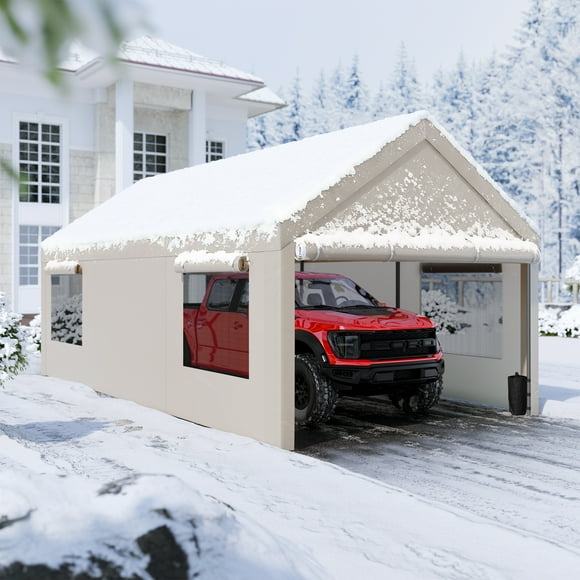 Walsunny 10x20 ft Carport with 4 Sandbags Heavy Duty Car Canopy with Roll-up Windows Portable Garage with Removable Sidewalls & Doors Khaki