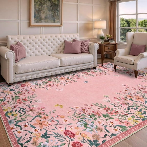 Wonnitar 5x7 Floral Washable Area Rug, Pink Rugs for Girls Bedroom, Soft Low Pile Living Room Area Rug, Non-Slip Throw Carpet for Nursery Playroom