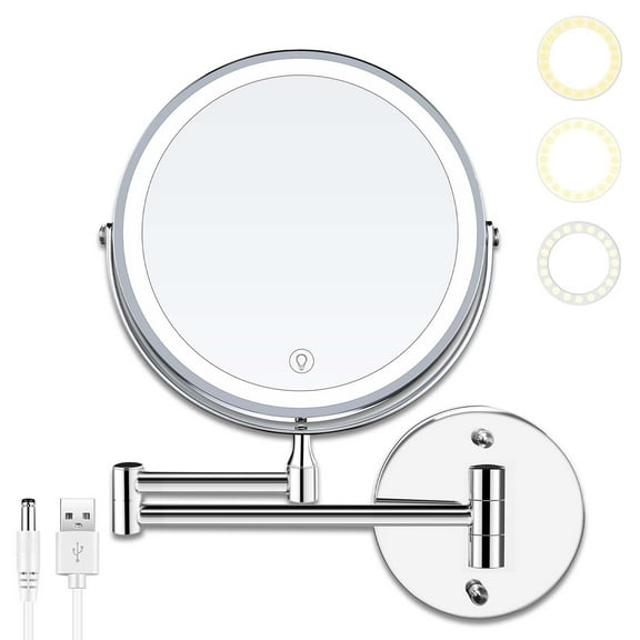 YUOY Lighted Makeup Mirror, Vanity Mirror with LED Lights and 10x Magnifying Mirror, 8 inch Rechargeable, Wall Mount Bathroom Mirror, Chrome