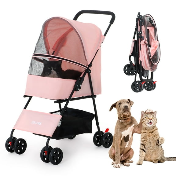 Zoolike Pet Stroller for Cats and Dogs, 4-Wheeled Foldable Travel Carrier with Storage Basket, Pink
