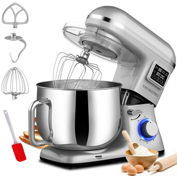 UHOMEPRO 8.5QT Stand Mixer with LED Display, 6 Speeds Tilt-Head 660W Kitchen Dough Mixer, 3-In-1 Home Commercial Electric Cake Mixer With Dough Hook, Beater, Egg Whisk, Dishwasher Safe, Silver
